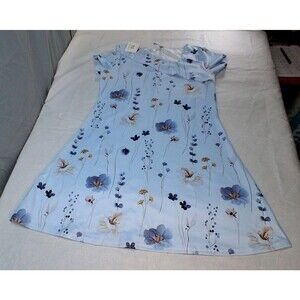 NWT Nora Cora SS Shift Dress Lt Blue Floral 36" Lounge To Shopping Size L